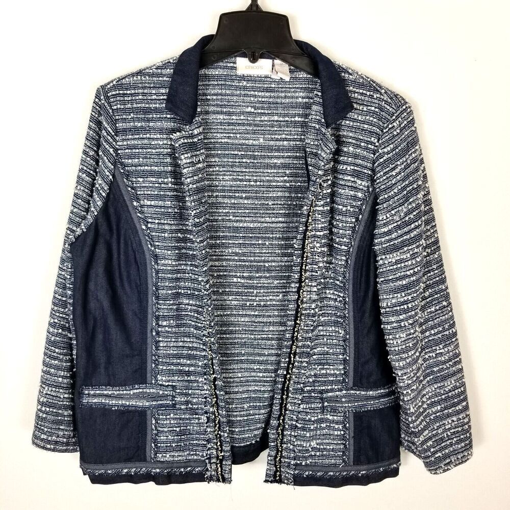 Chico's Women Tweed Denim Textured Jacketβ Open Front Blazer Blue US L